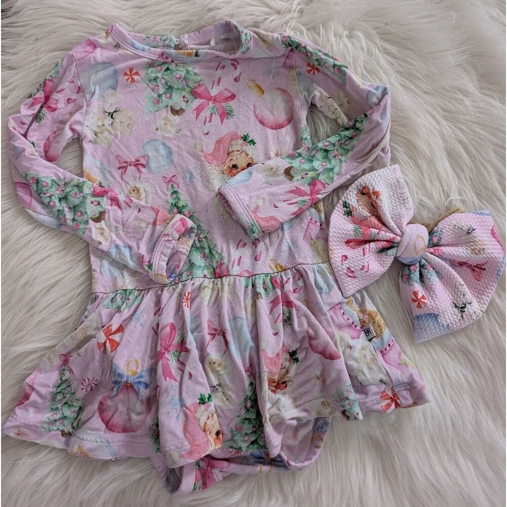 Bundle! Bums & Roses Pink Holiday Dress Skirted Onesie Matching Bow 12-18 Months